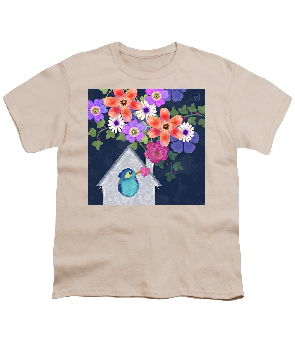 Bird House Youth T-Shirt featuring the digital art Home is Where You Bloom by Valerie Drake Lesiak