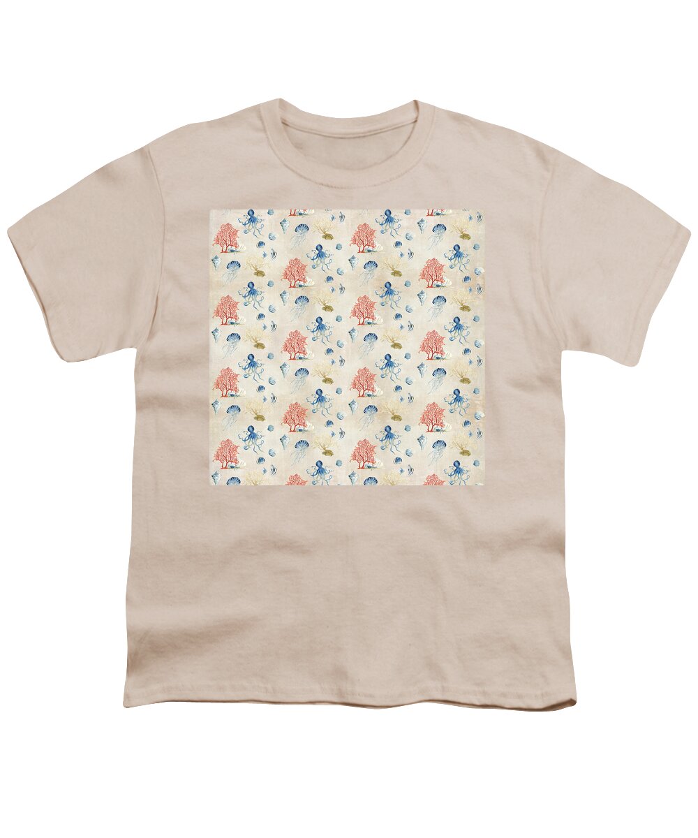 Octopus Youth T-Shirt featuring the painting Indigo Ocean - Red Coral Octopus Half Drop Pattern Small by Audrey Jeanne Roberts