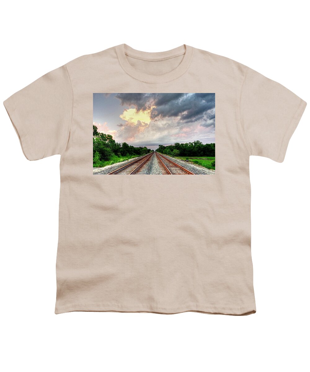 Multi Colored Clouds Youth T-Shirt featuring the photograph Infinite Rail Tracks by Karen McKenzie McAdoo