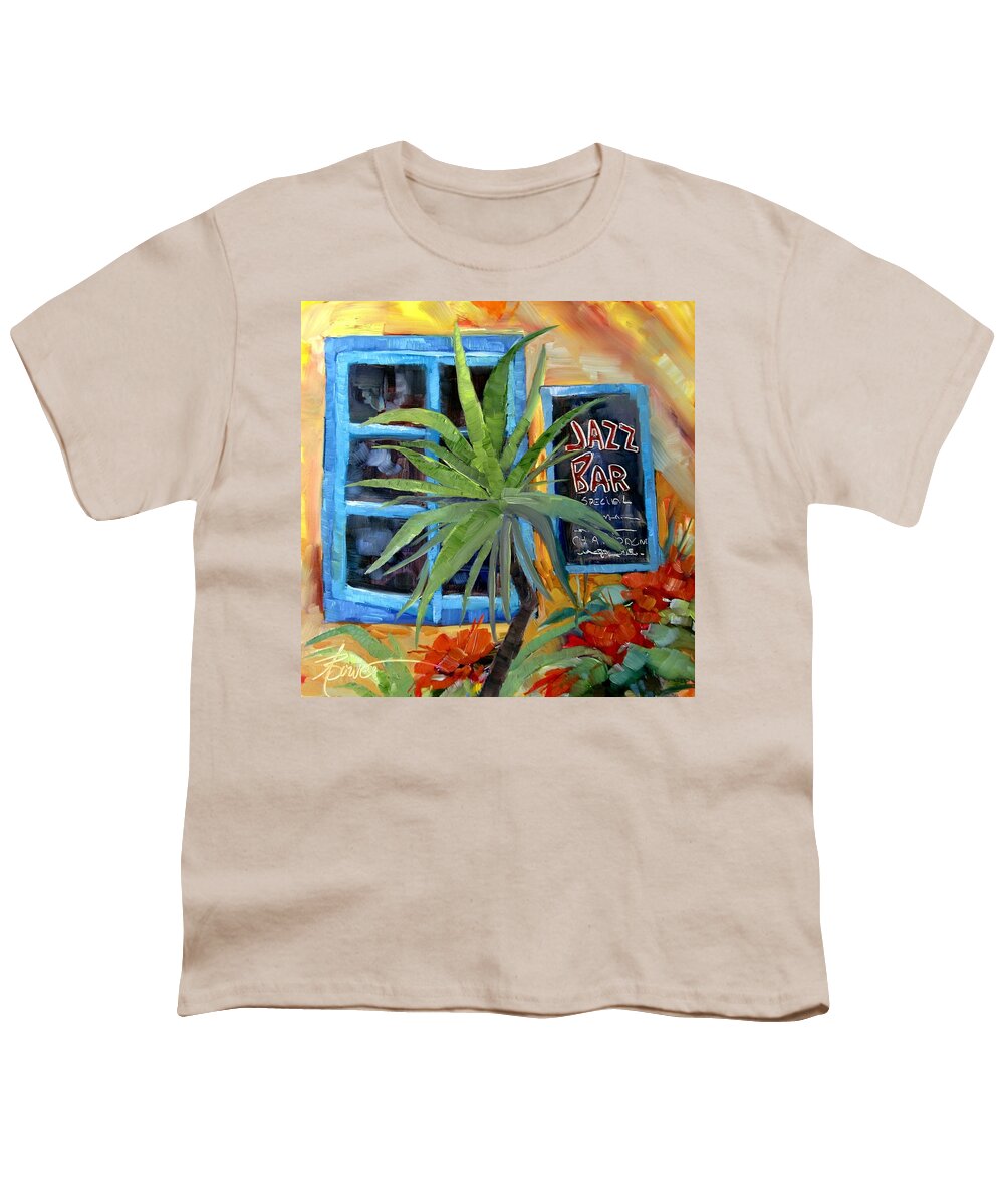 Jazz Youth T-Shirt featuring the painting Jazz Bar In Santorini by Adele Bower