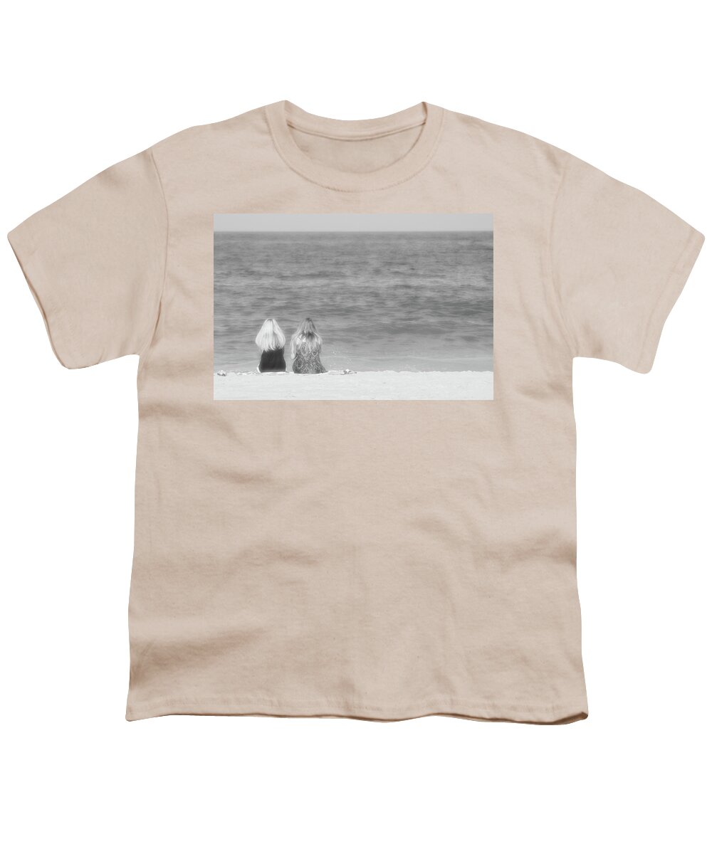 Beach Shore Delaware Maryland Ocean Sand Sun Summer Ir Infrared Black White Hot Women Two Looking Peace Peaceful View Hair Together Youth T-Shirt featuring the photograph Looking #38 by Raymond Magnani