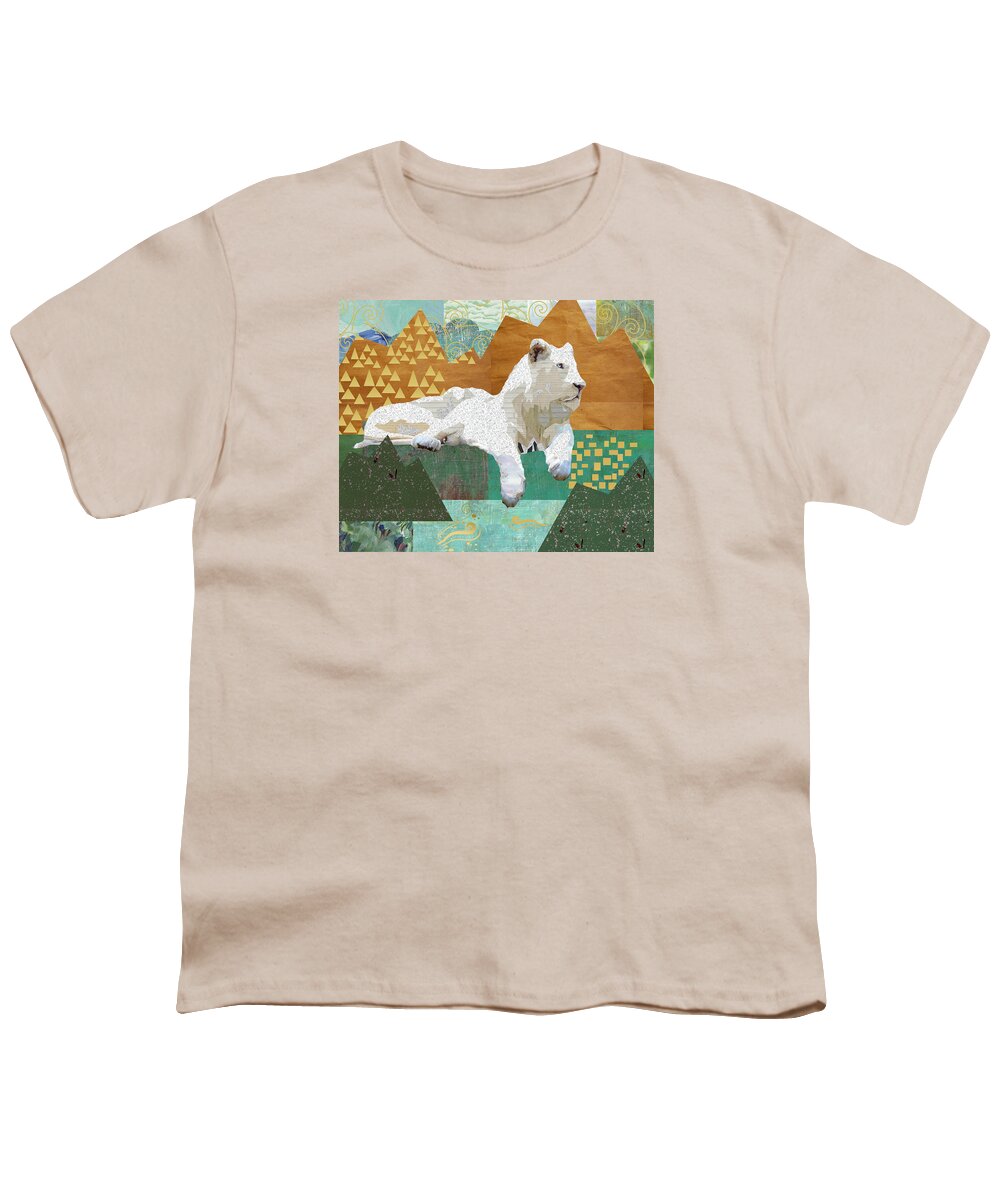Snow Lion Collage Youth T-Shirt featuring the mixed media Looking forward - Snow Lion by Claudia Schoen
