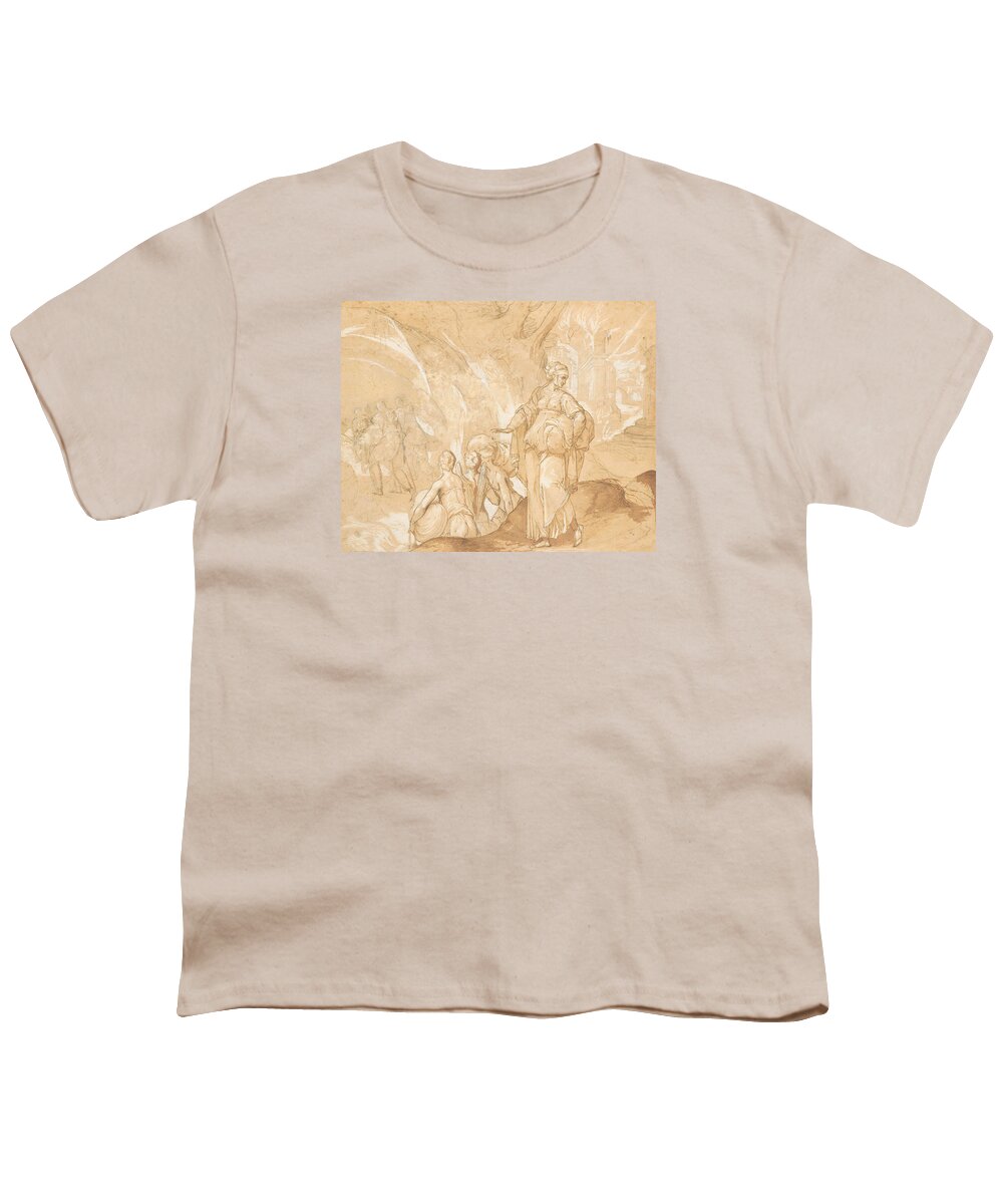 Lot Youth T-Shirt featuring the drawing Lot's wife looking back at the destruction of Sodom and Gomorrah by Toussaint Dubreuil