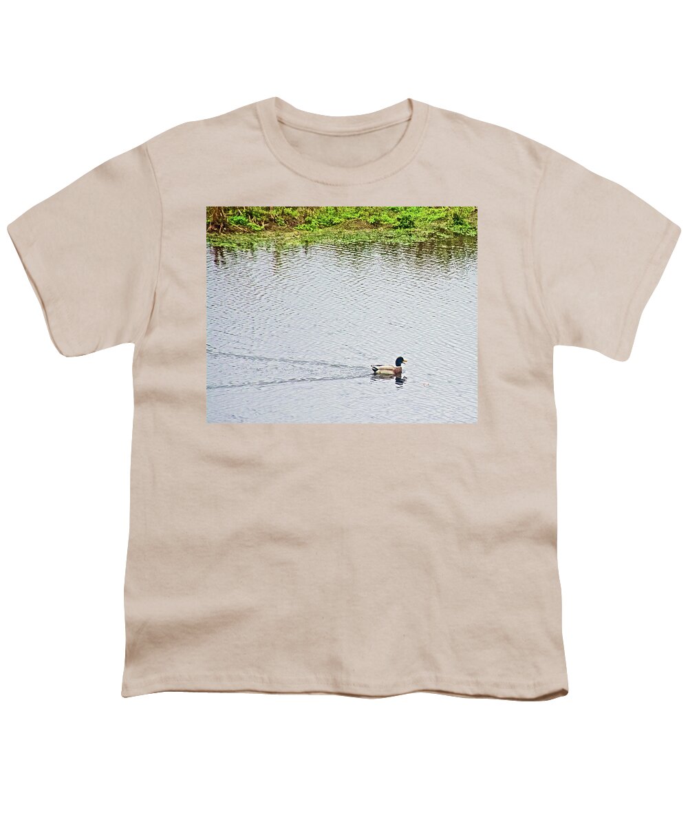 Mallard Duck On Rogue River From Rogue River Boardwalk In Rockford Youth T-Shirt featuring the photograph Mallard Duck on Rogue River from Rogue River Boardwalk in Rockford, Michigan by Ruth Hager