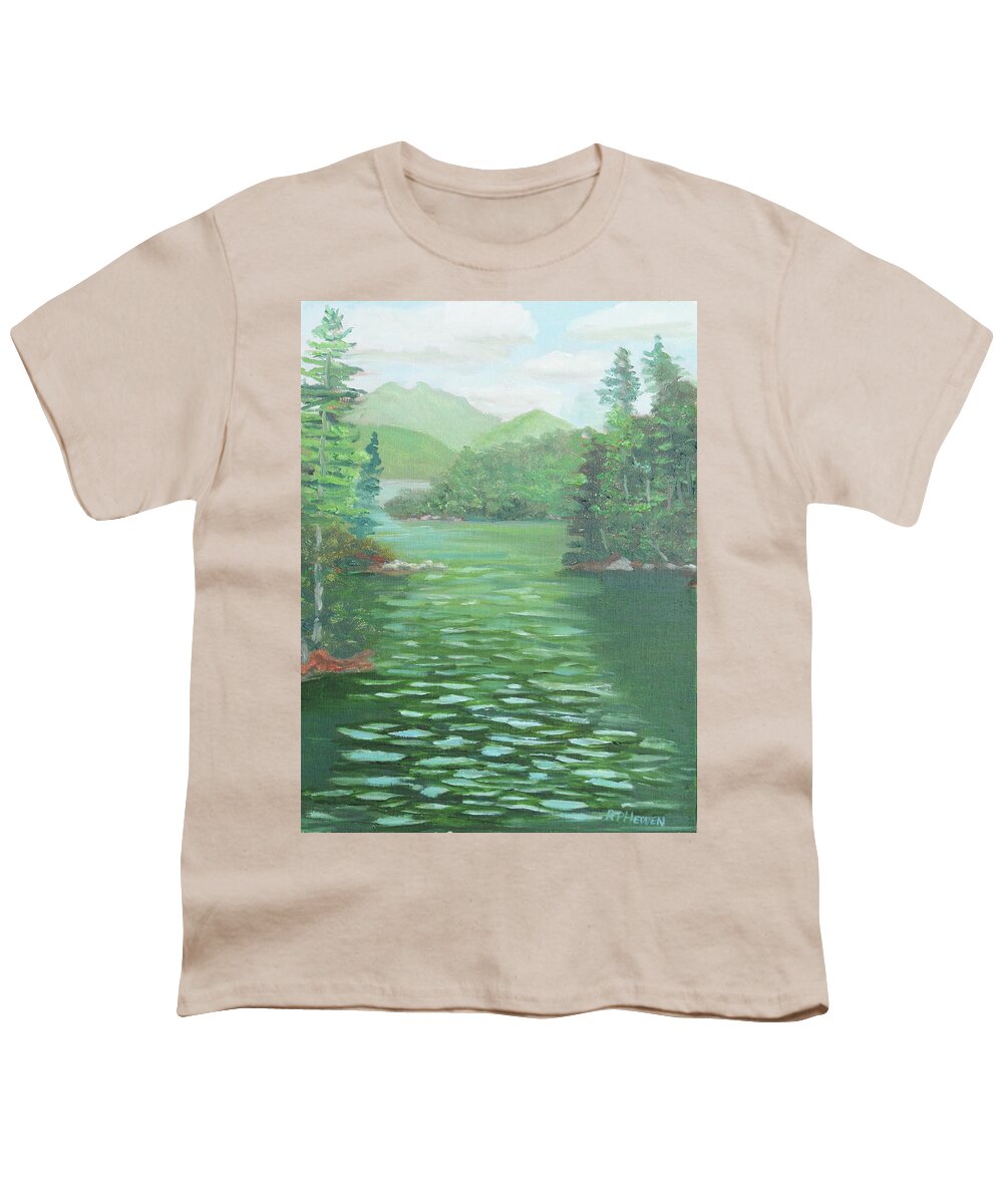 Adirondacks Youth T-Shirt featuring the painting McKenzie and Haystack Mountains from Lower Saranac Lake by Robert P Hedden