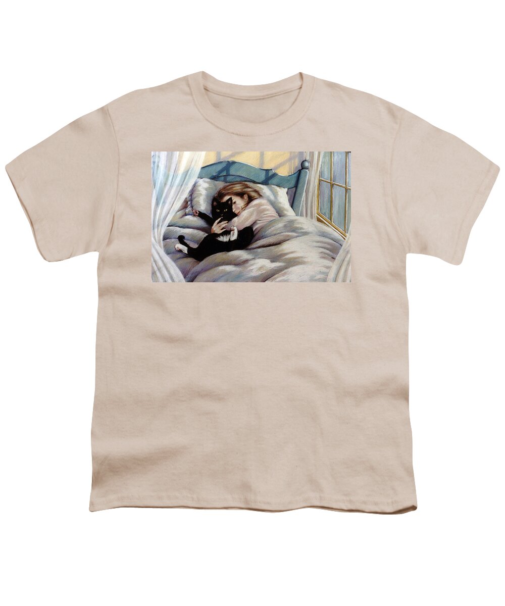 Cat With Girl Youth T-Shirt featuring the pastel Mittens by Marie Witte