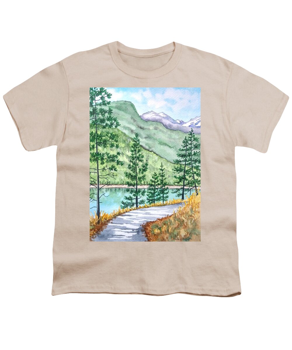 Watercolor Youth T-Shirt featuring the painting Montana - Lake Como Series by Laurie Anderson