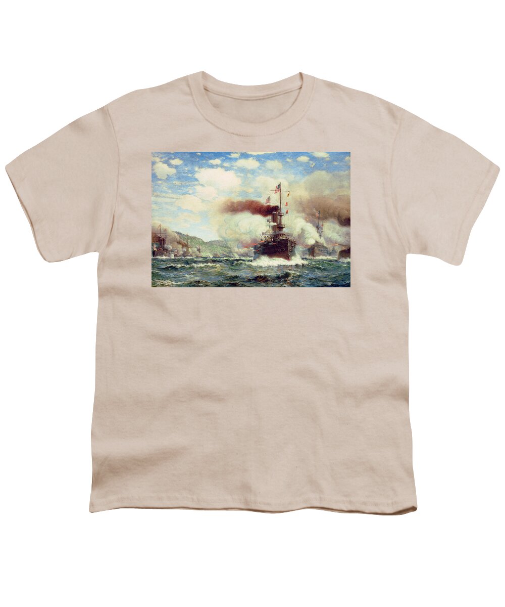 Naval Battle Explosion (oil On Canvas) Battleship; Sea Battle; Ship; Ships; Firing; Exploding; Fire; Canon; Smoke; Warship; War; Conflict; Warfare; Coast Youth T-Shirt featuring the painting Naval Battle Explosion by James Gale Tyler