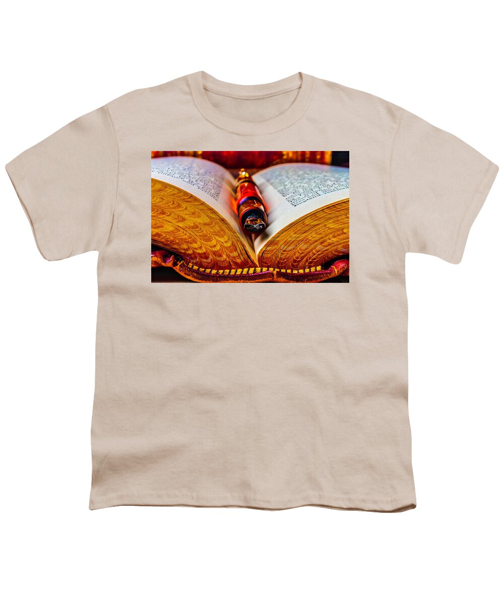 Fountain Pen Youth T-Shirt featuring the photograph Open Book With Fountain Pen by Garry Gay