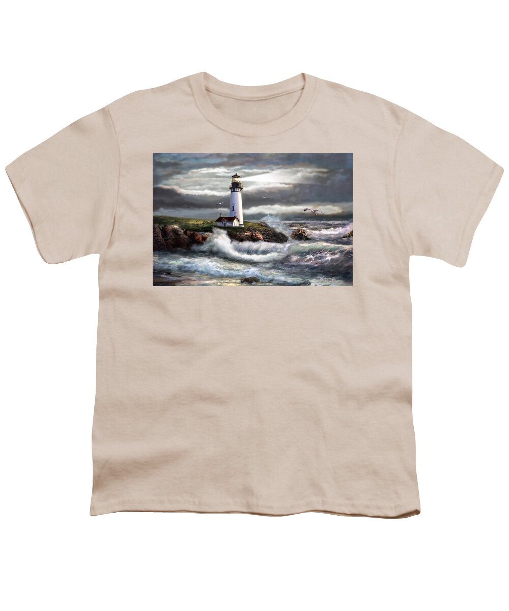 #faatoppicks Youth T-Shirt featuring the painting Oregon Lighthouse Beam of hope by Regina Femrite
