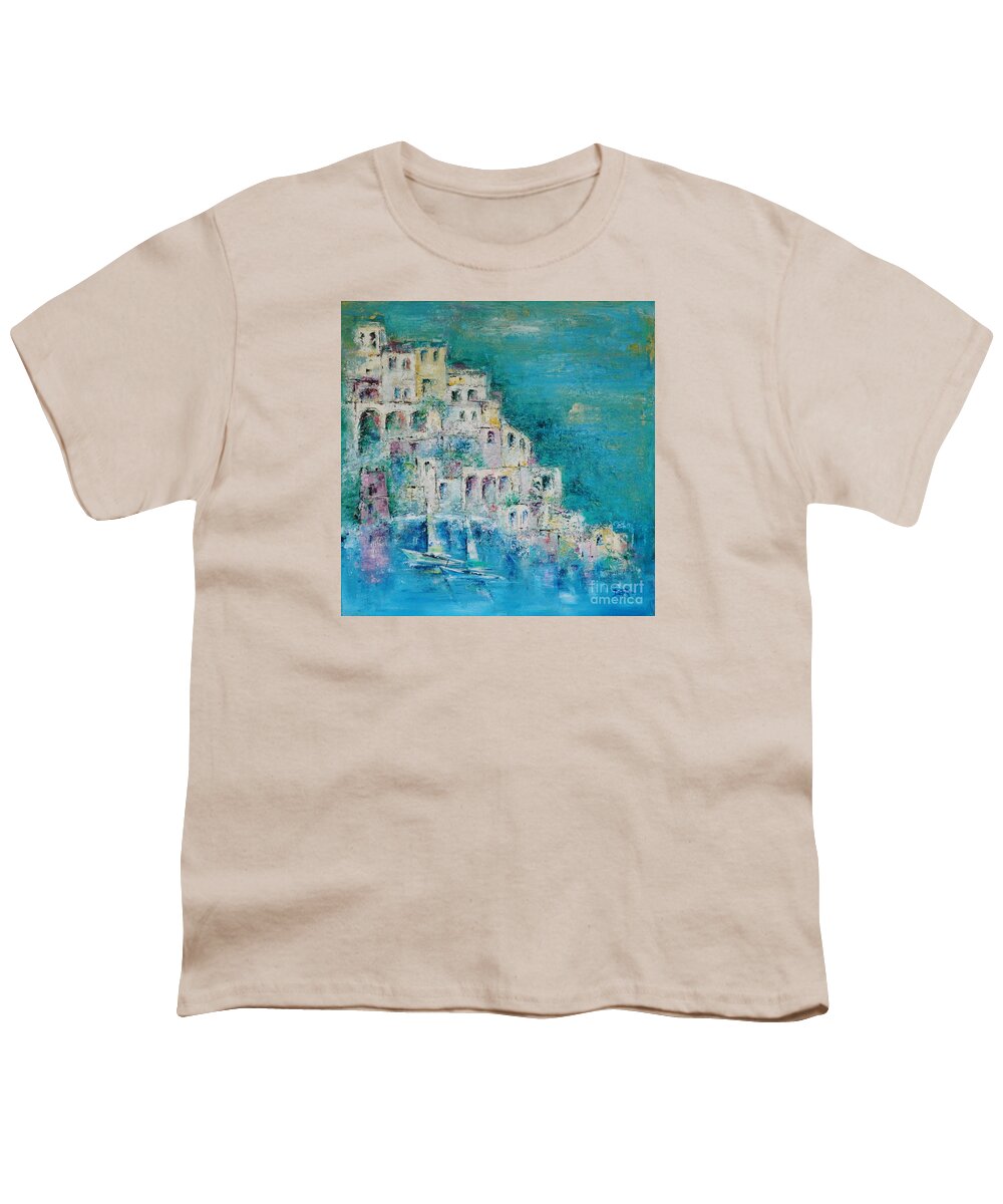 Positano Youth T-Shirt featuring the painting Positano Village of Dreams by Dan Campbell
