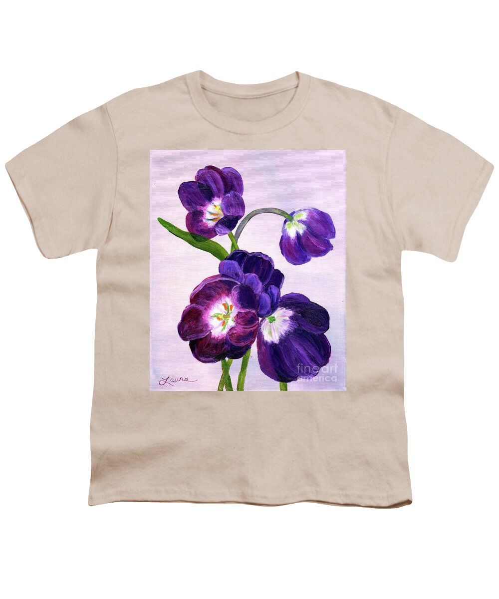 Tulips Youth T-Shirt featuring the painting Purple Tulips on Gray Background by Laura Iverson