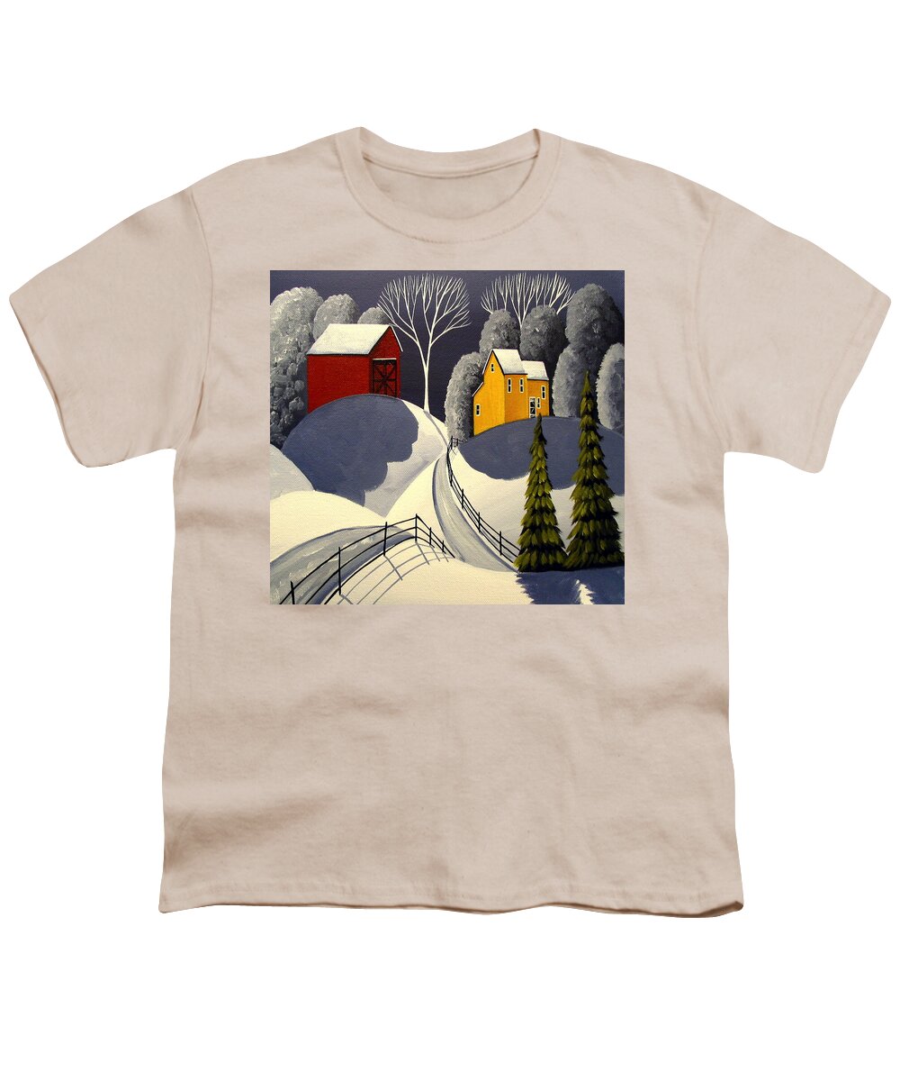 Art Youth T-Shirt featuring the painting Red Barn In Snow by Debbie Criswell