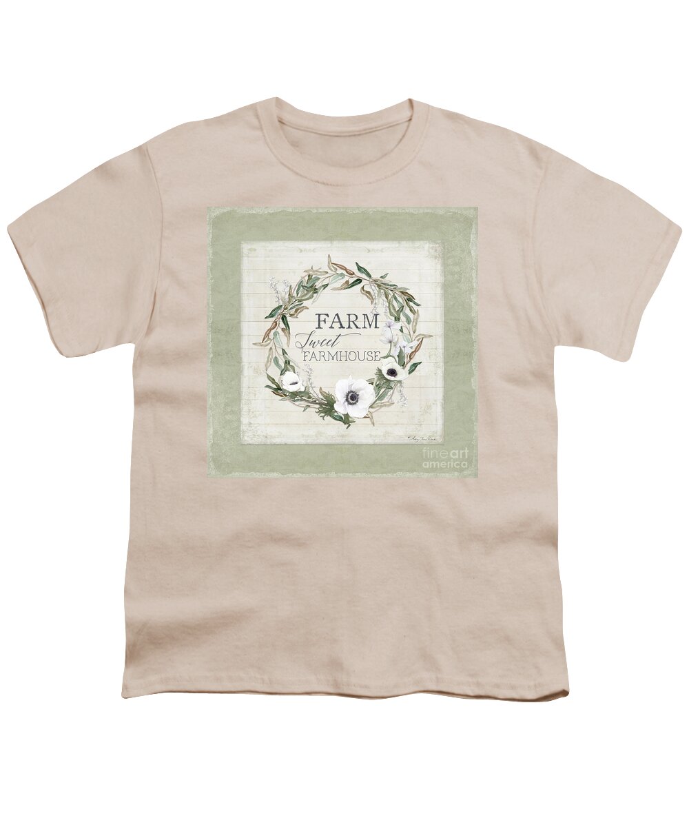  Youth T-Shirt featuring the painting Rustic Farm Sweet Farmhouse Shiplap Wood Boho Eucalyptus Wreath N Anemone Floral by Audrey Jeanne Roberts