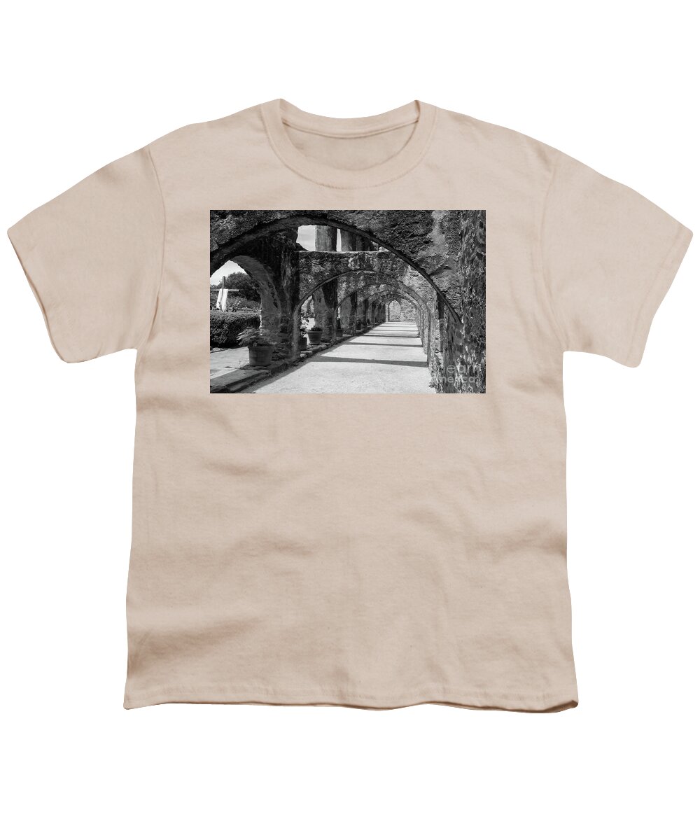 San Antonio Youth T-Shirt featuring the photograph San Antonio Mission arches in black and white by Paul Quinn