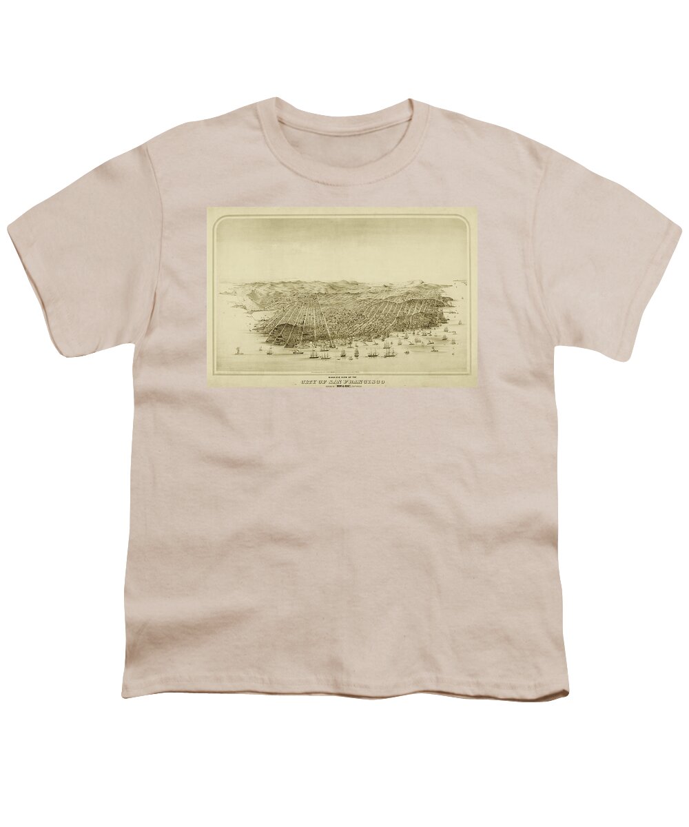 San Youth T-Shirt featuring the digital art San Francisco Bird's Eye View Historical Map Sepia by Toby McGuire