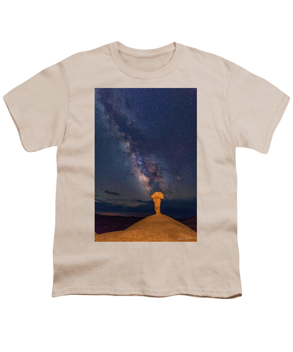 Moab Youth T-Shirt featuring the photograph Secret Spire and The Milky Way Vertical by Dan Norris