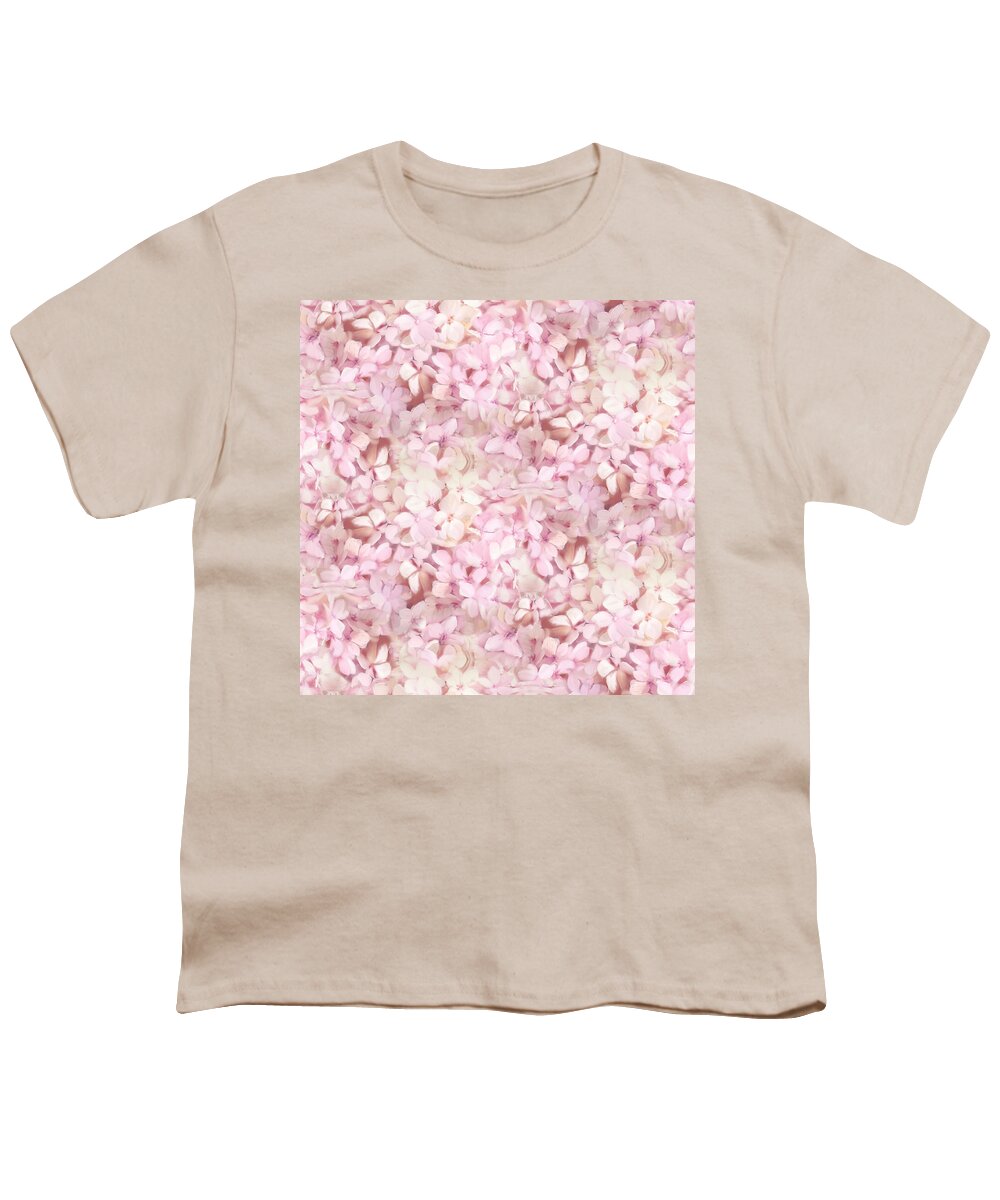 Pink Hydrangea Youth T-Shirt featuring the painting Softly Summer - Hydrangea Floral Half Drop Pattern by Audrey Jeanne Roberts