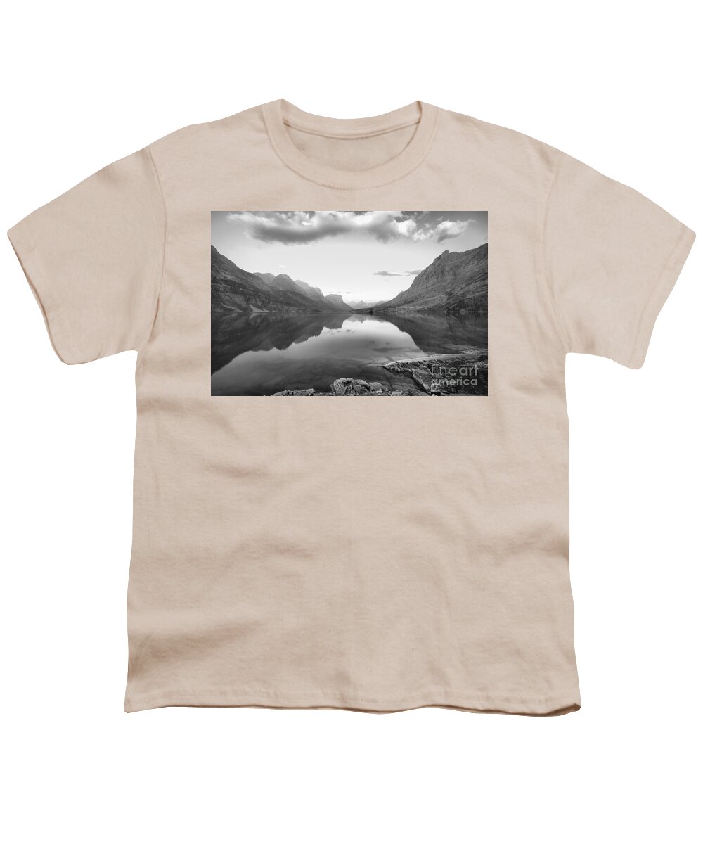 St Mary Lake Youth T-Shirt featuring the photograph St Mary Lake Clouds And Calm Water Black And White by Adam Jewell