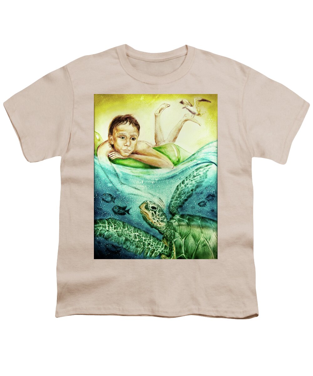 Russian Artists New Wave Youth T-Shirt featuring the painting The Boy and the Turtle by Elena Vedernikova