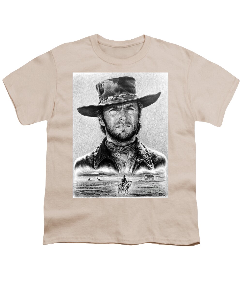 Clint Eastwood Youth T-Shirt featuring the drawing The Stranger bw 1 version by Andrew Read