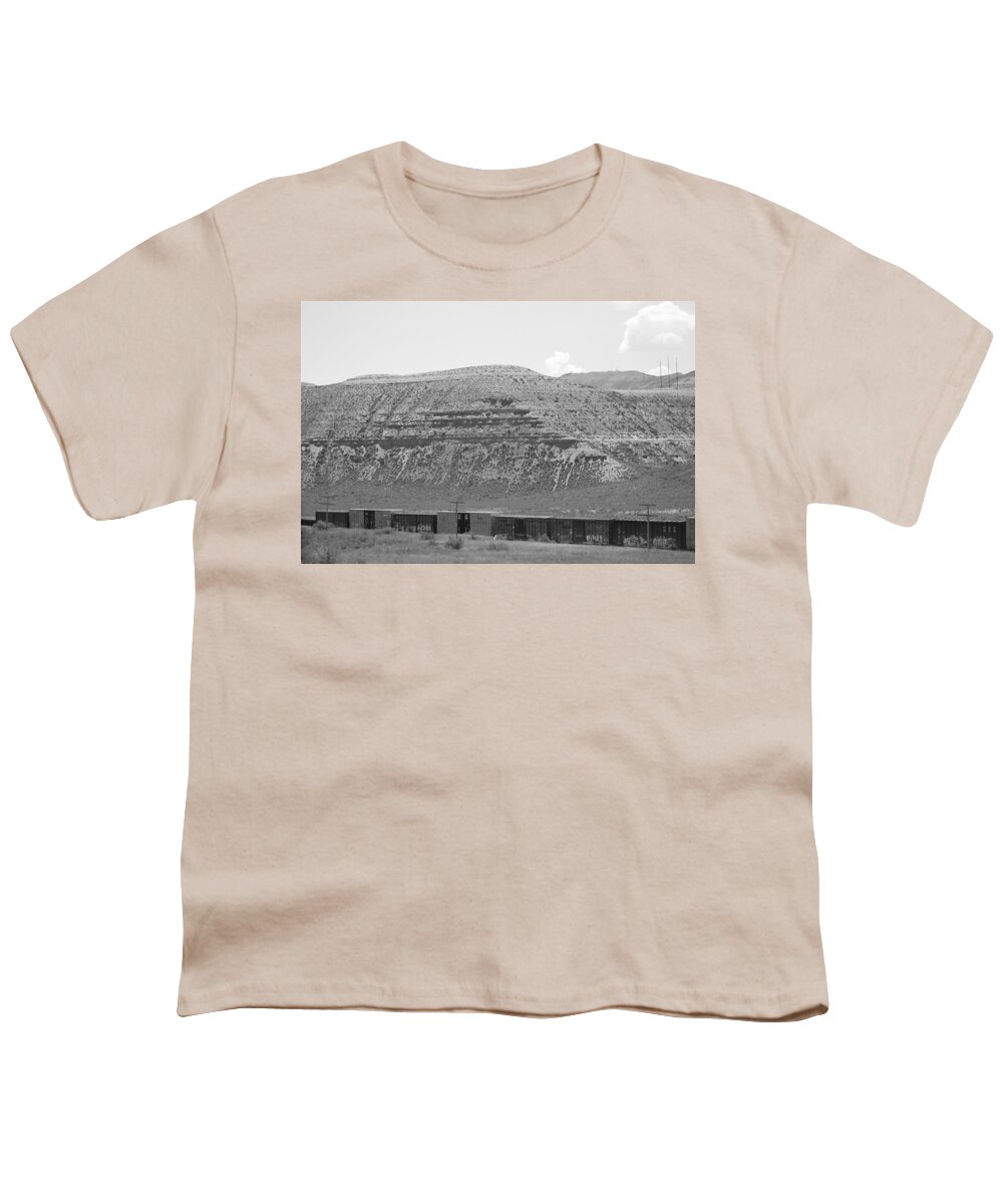 Black And White Photography Youth T-Shirt featuring the photograph Train in Desert in Black and White by Colleen Cornelius