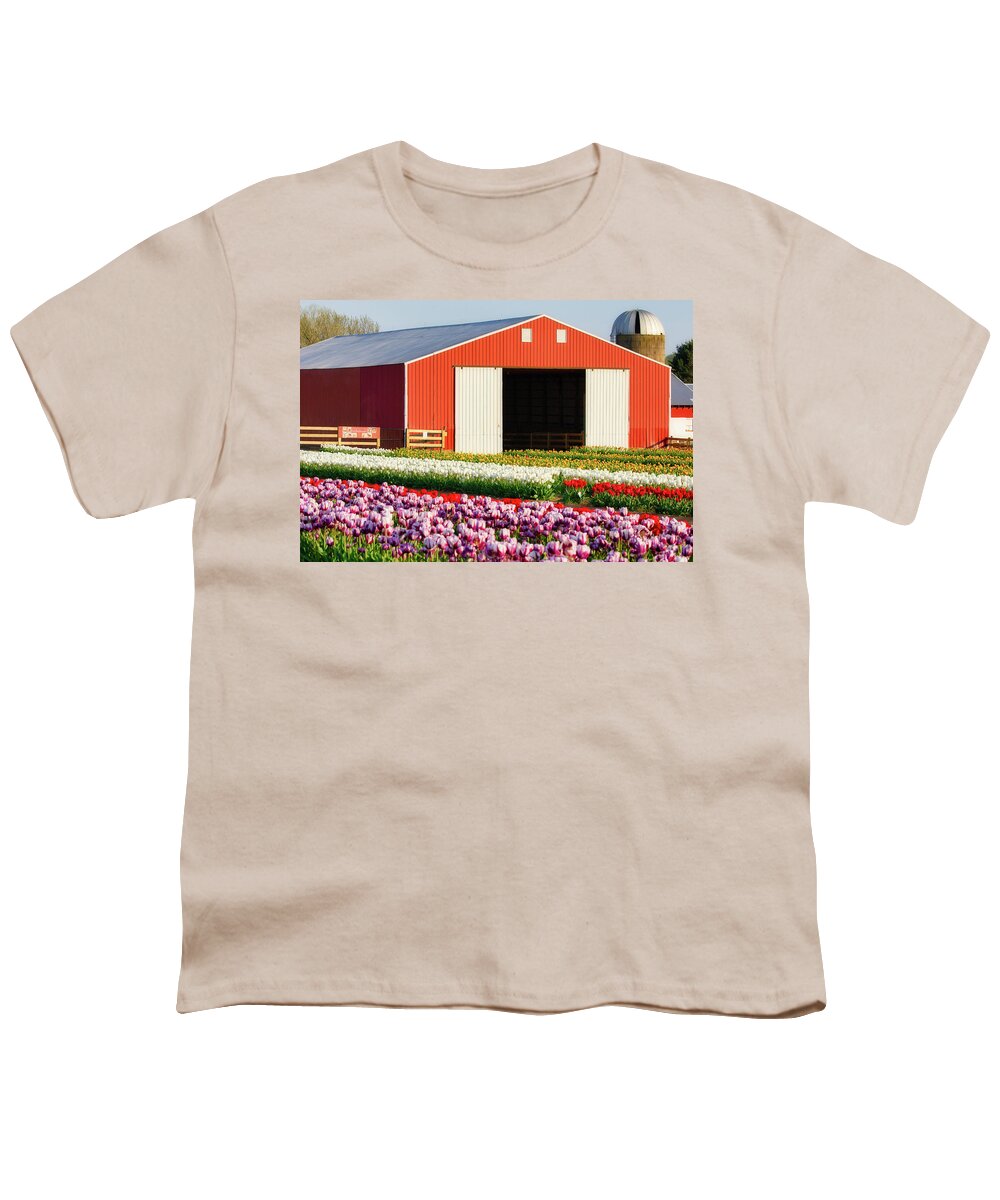 Barn Youth T-Shirt featuring the photograph Tulip Field and Red Barn by Jerry Fornarotto