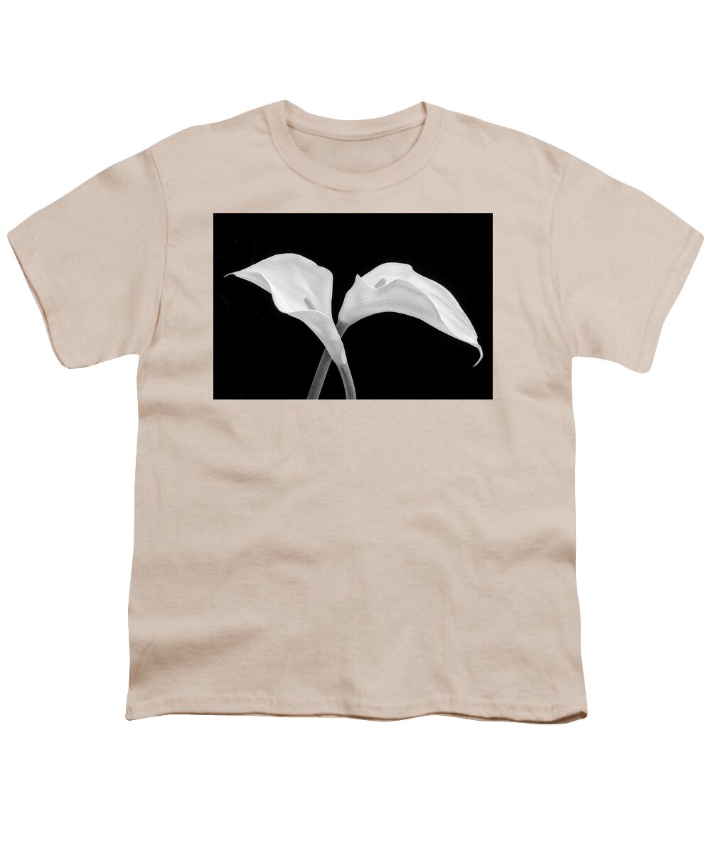 Graphic Youth T-Shirt featuring the photograph Two Beautiful Calla Lilies Black And White by Garry Gay