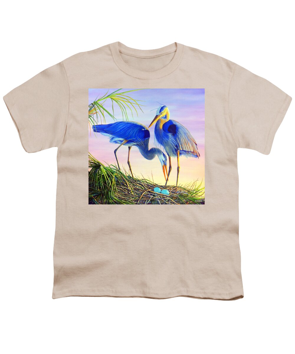 Great Blue Herons Youth T-Shirt featuring the painting Valentine's Eggs by AnnaJo Vahle