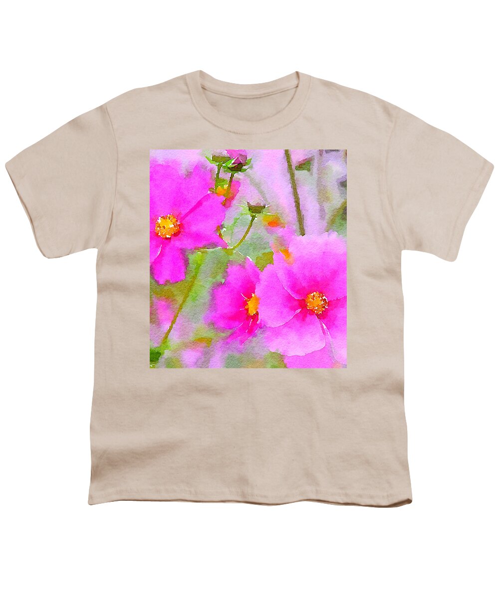 Watercolor Floral Youth T-Shirt featuring the painting Watercolor Pink Cosmos by Bonnie Bruno