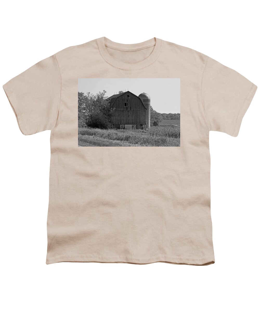 Barn Youth T-Shirt featuring the photograph Weathered Wisconsin Barn In Black And White by Kay Novy