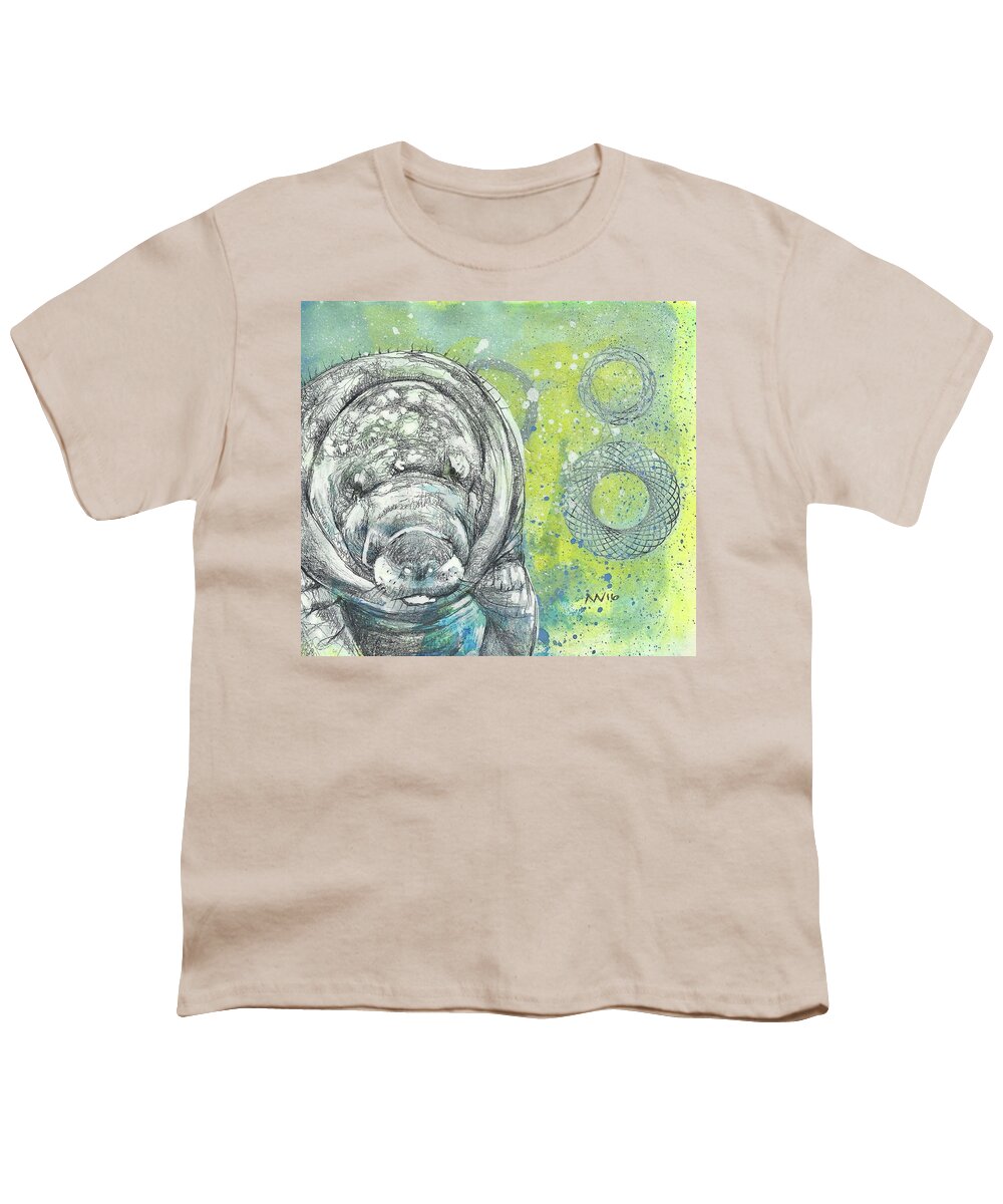 Manatee Youth T-Shirt featuring the mixed media Whimsical Manatee by AnneMarie Welsh