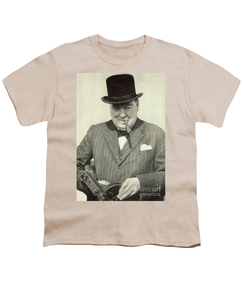 Churchill Youth T-Shirt featuring the photograph Winston Churchill with machine gun, cigar and hat, WW2 propaganda image by English School