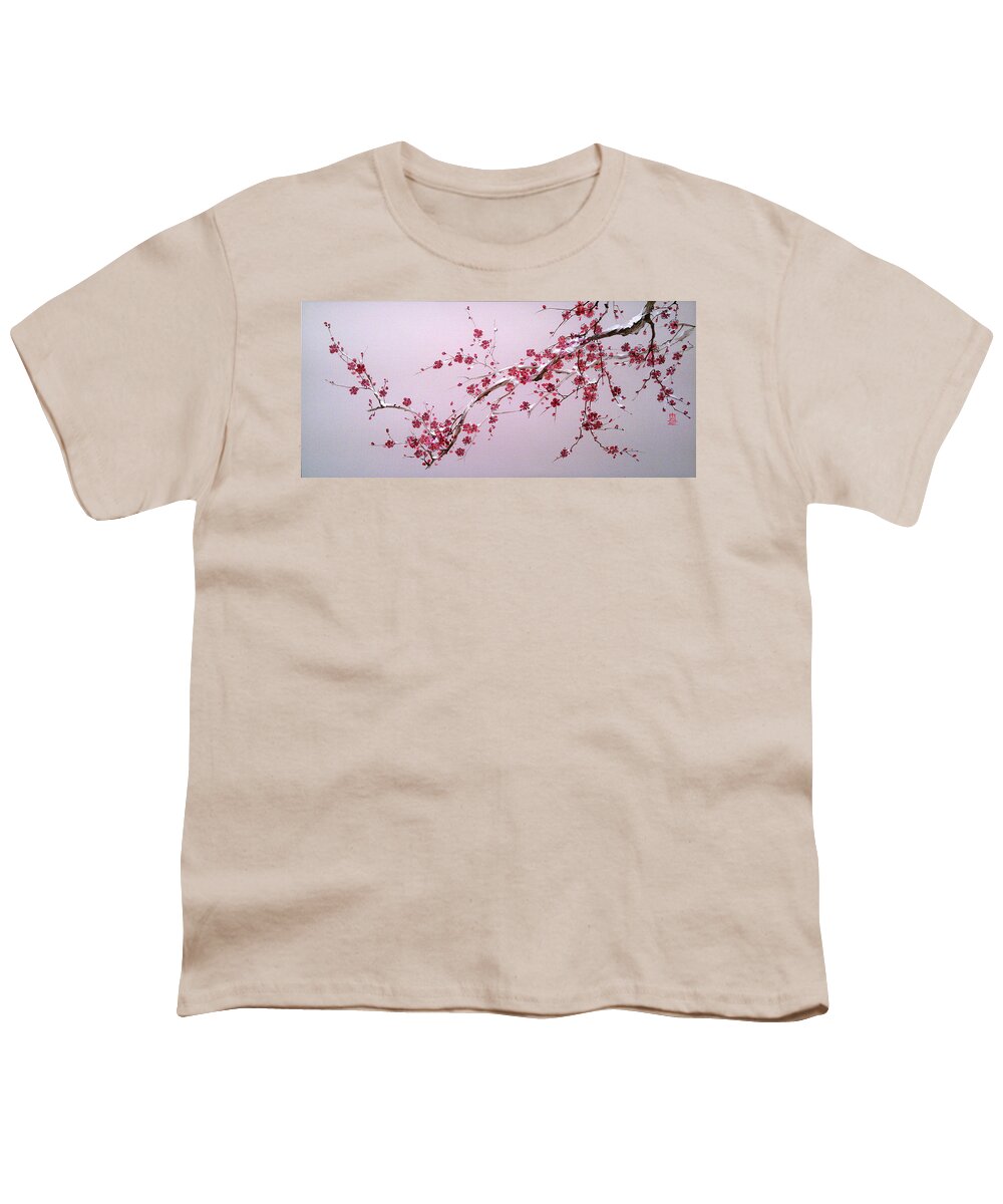 Russian Artists New Wave Youth T-Shirt featuring the painting Blooming Sakura Branch with Snow by Alina Oseeva