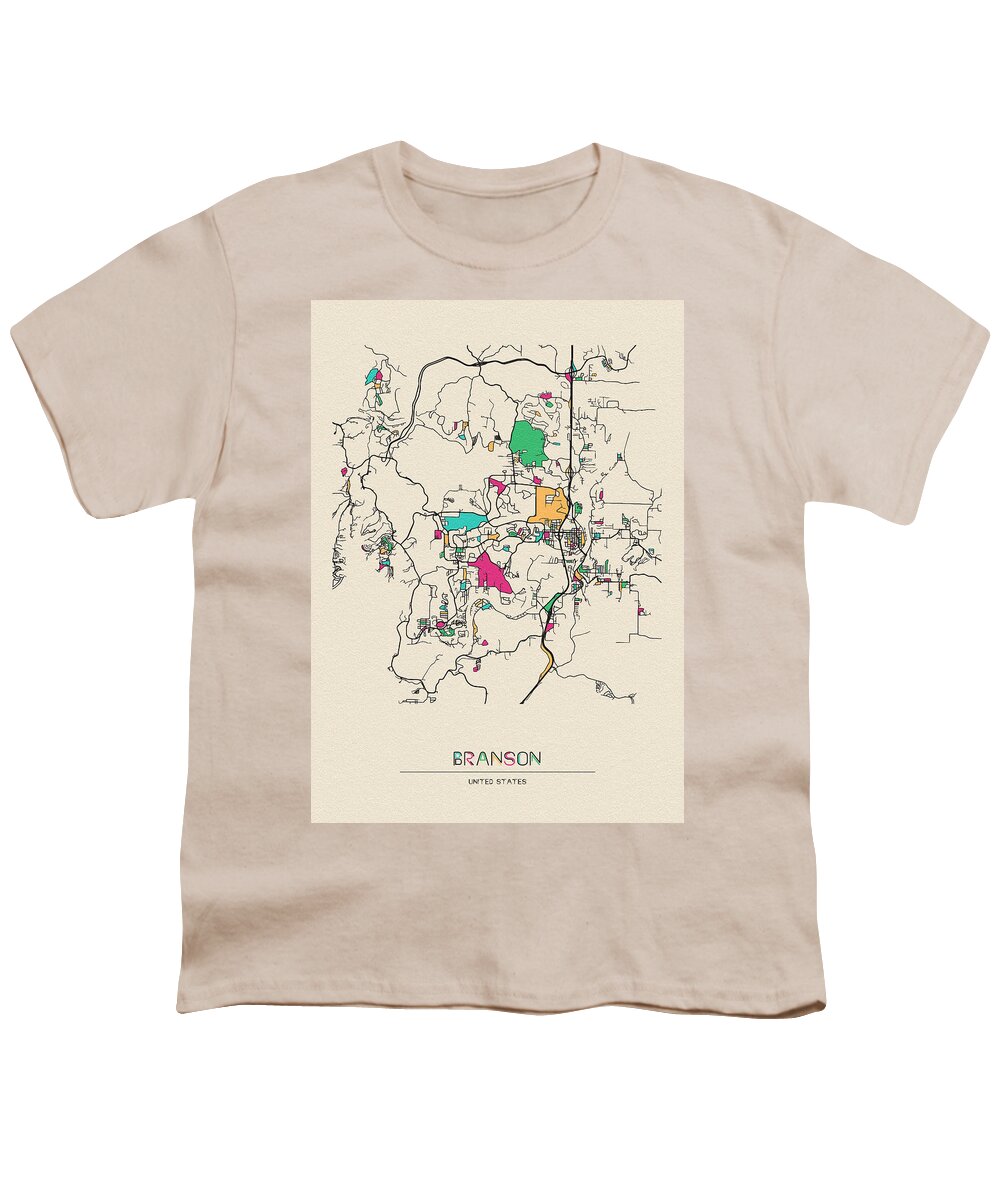 Branson Youth T-Shirt featuring the drawing Branson, United States City Map by Inspirowl Design