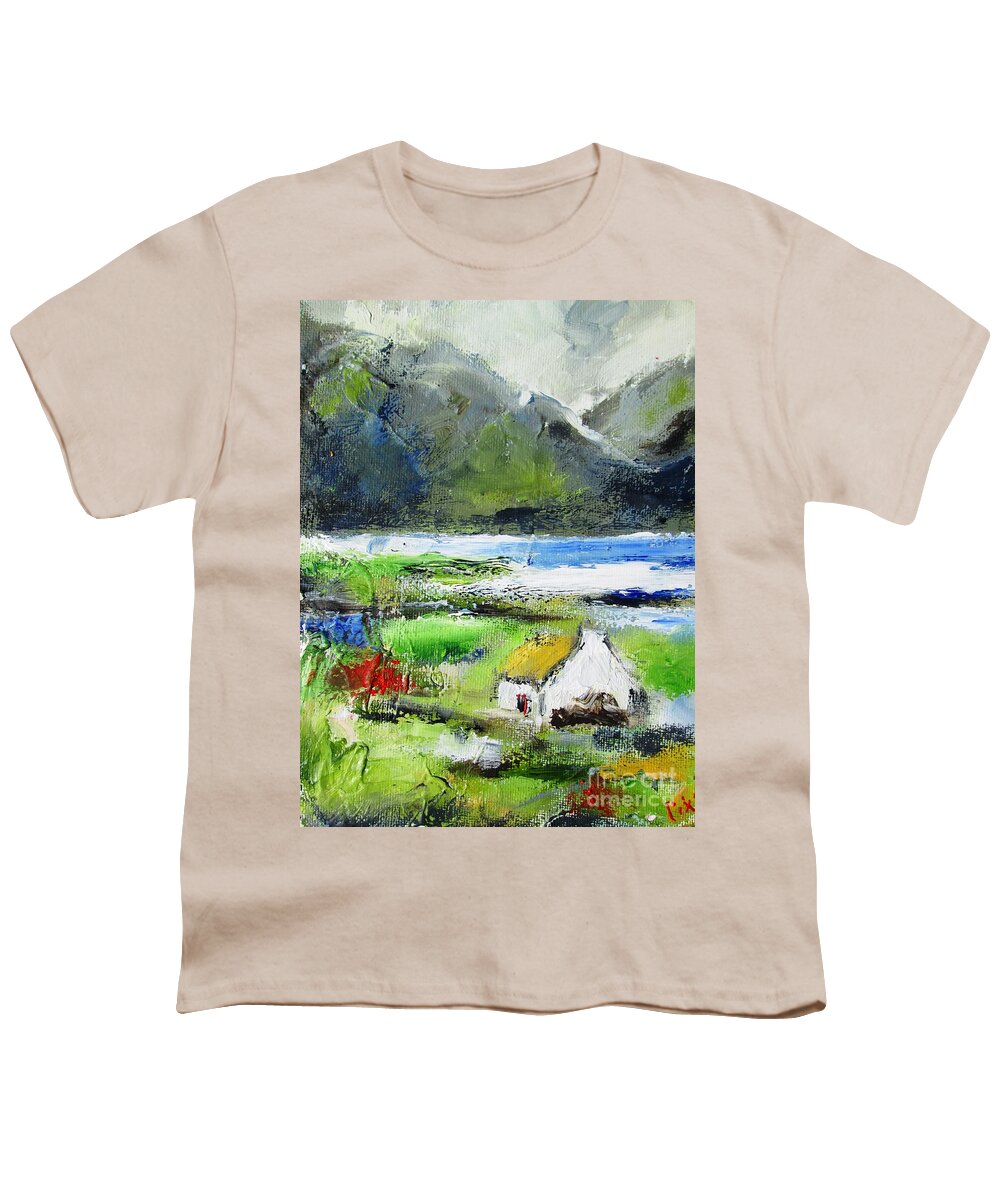 Connemara Youth T-Shirt featuring the painting Painting of connemara cottage by the lake by Mary Cahalan Lee - aka PIXI