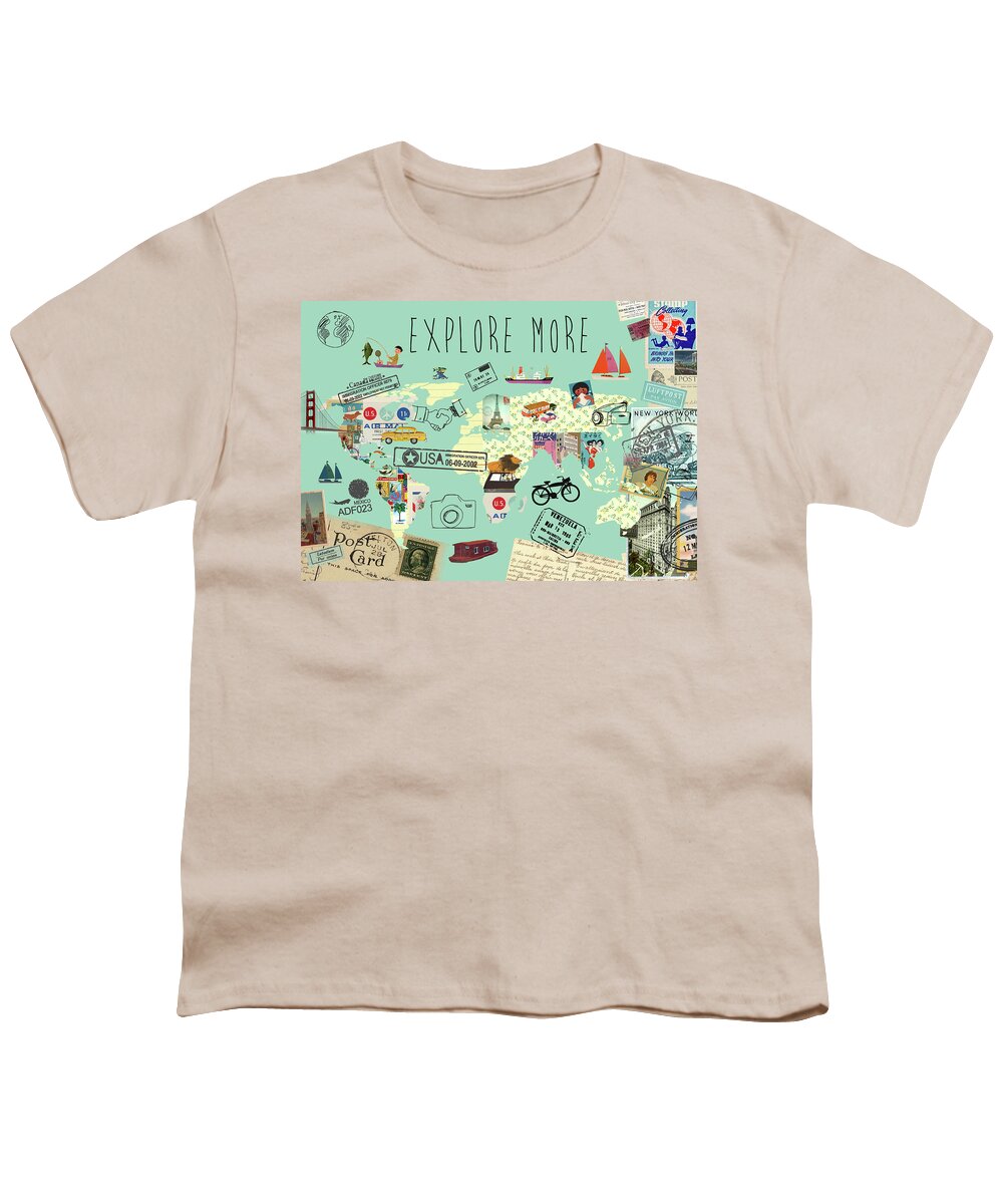 Exlore More World Map Youth T-Shirt featuring the mixed media Exlore more world map by Claudia Schoen