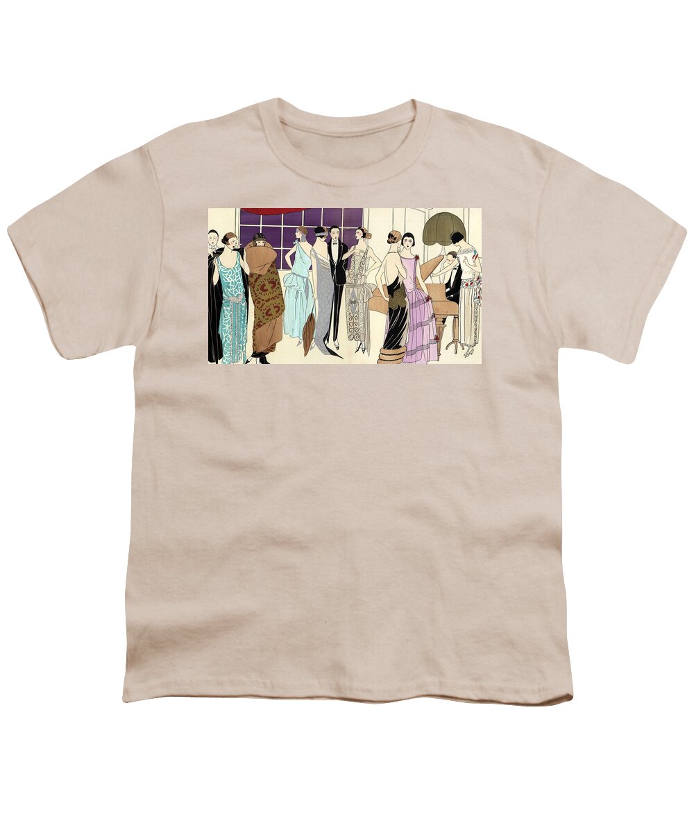 Agb Youth T-Shirt featuring the drawing Fashionable evening party with man in tuxedo playing a grand piano. by Album