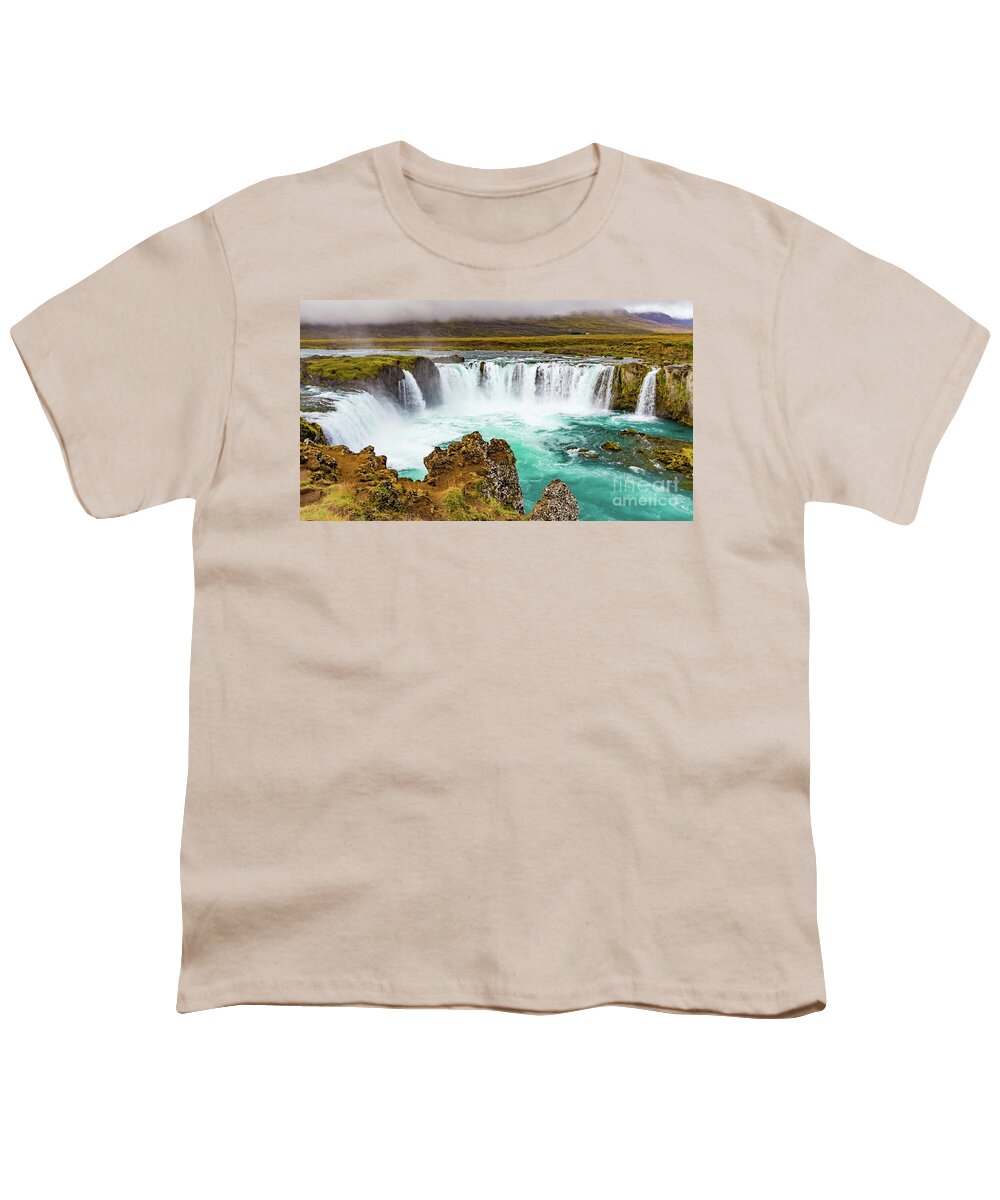 Waterfall Youth T-Shirt featuring the photograph Godafoss waterfall, Iceland by Lyl Dil Creations