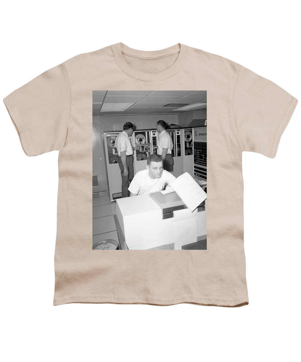 Man Youth T-Shirt featuring the painting Inmates with an IBM computer and tape back-up system. by Celestial Images