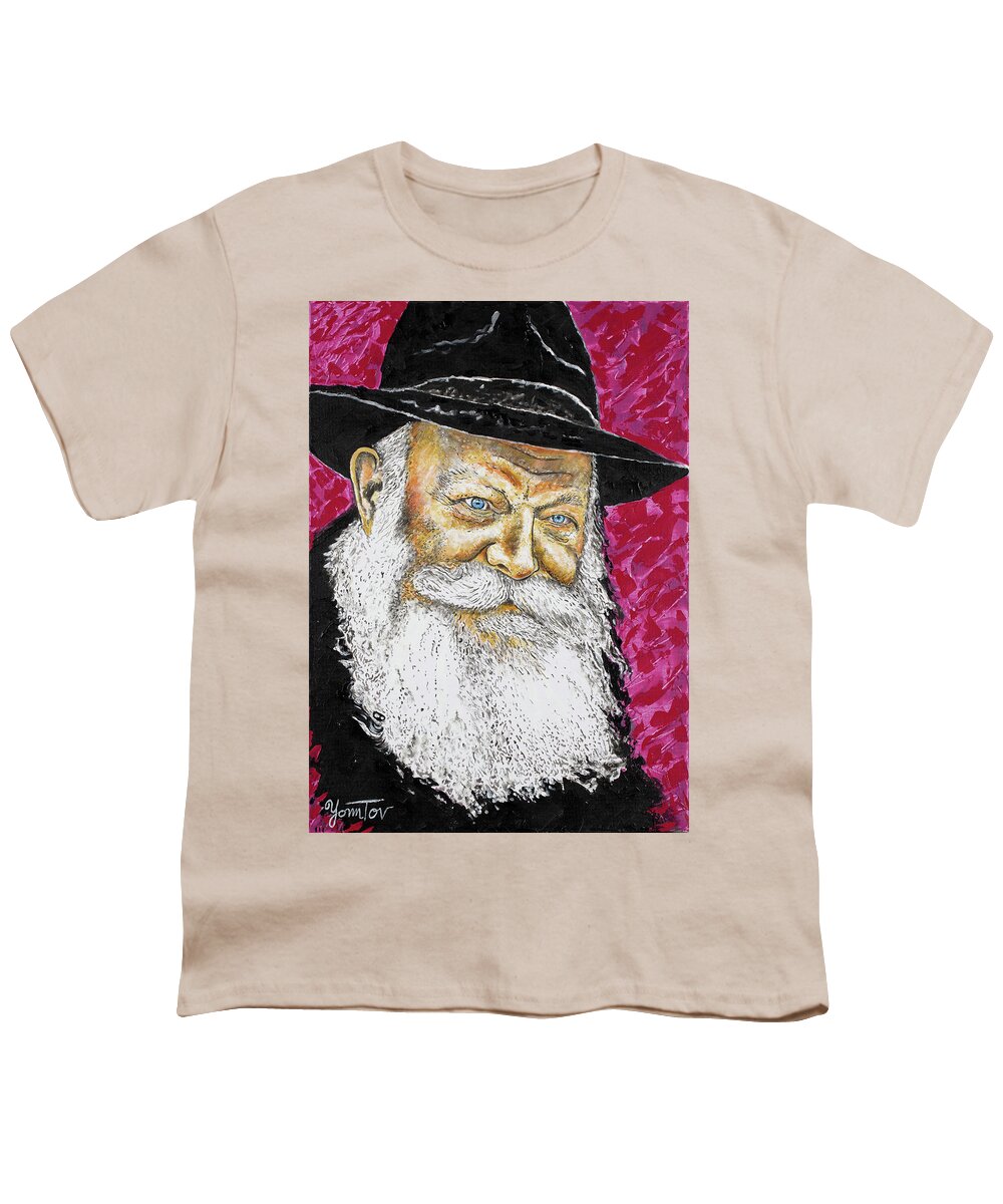 Rabbi Youth T-Shirt featuring the painting Lubavitcher Rebbe Pinkish by Yom Tov Blumenthal
