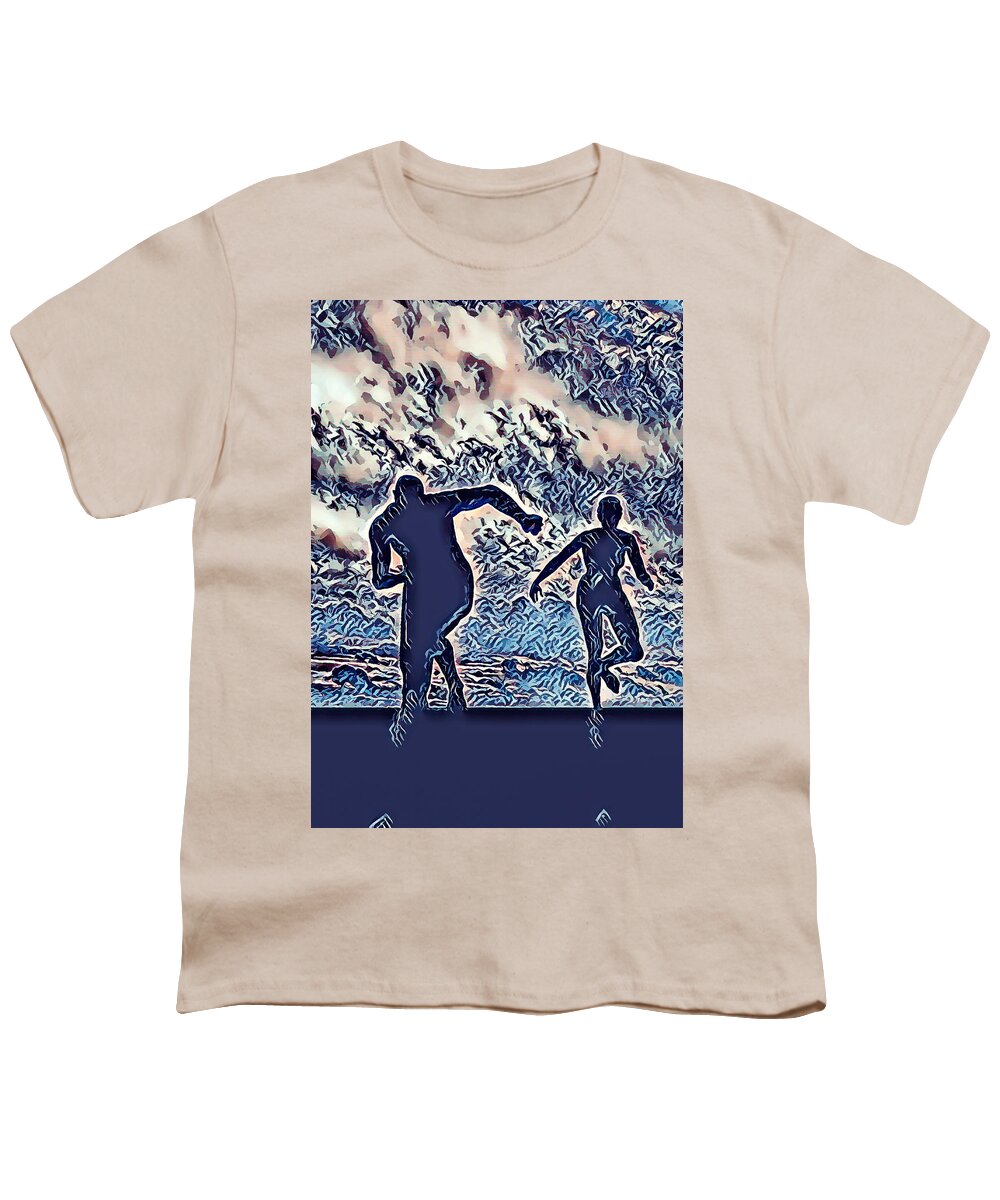 Man Youth T-Shirt featuring the painting Man and Woman running by Jeelan Clark