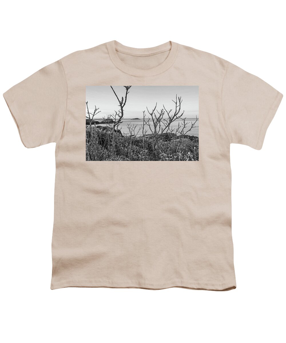 Nahant Youth T-Shirt featuring the photograph Nahant MA Egg Rock through the Trees Black and White by Toby McGuire
