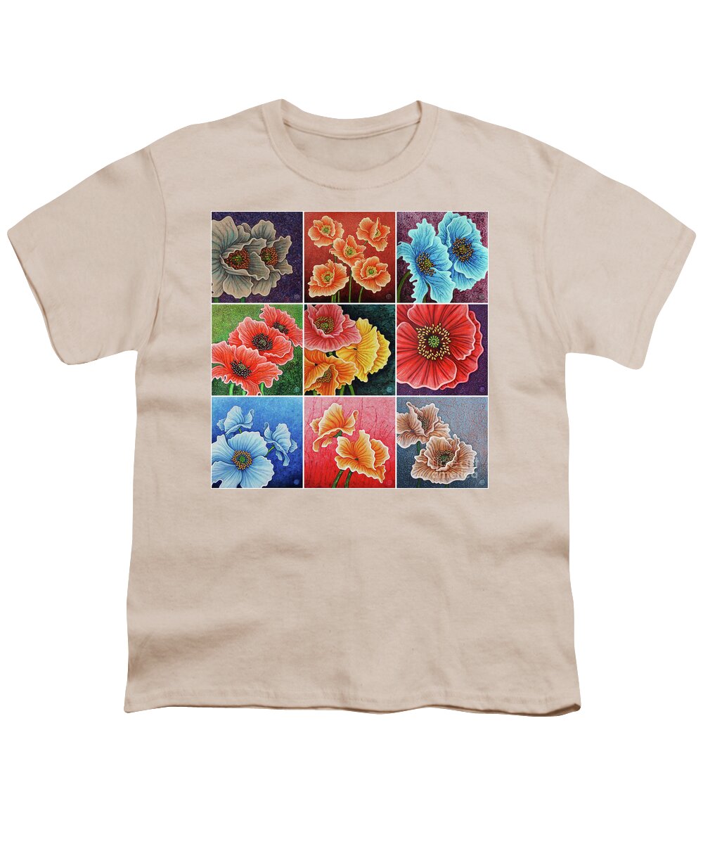 Poppy Youth T-Shirt featuring the painting Poppy Painting Tiles x 9 Set 2 by Amy E Fraser