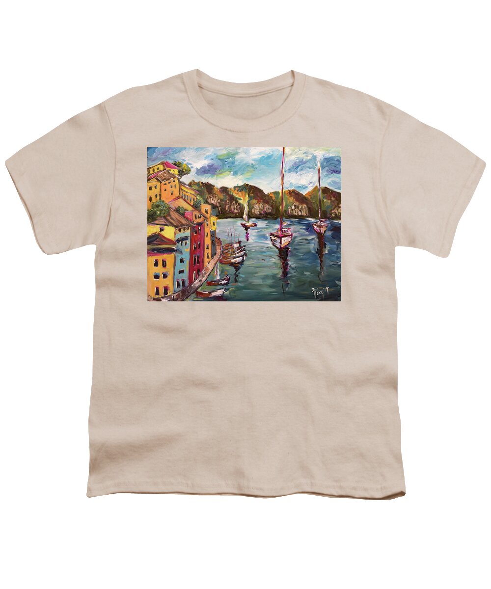 Portofino Youth T-Shirt featuring the painting Portofino Harbor by Roxy Rich