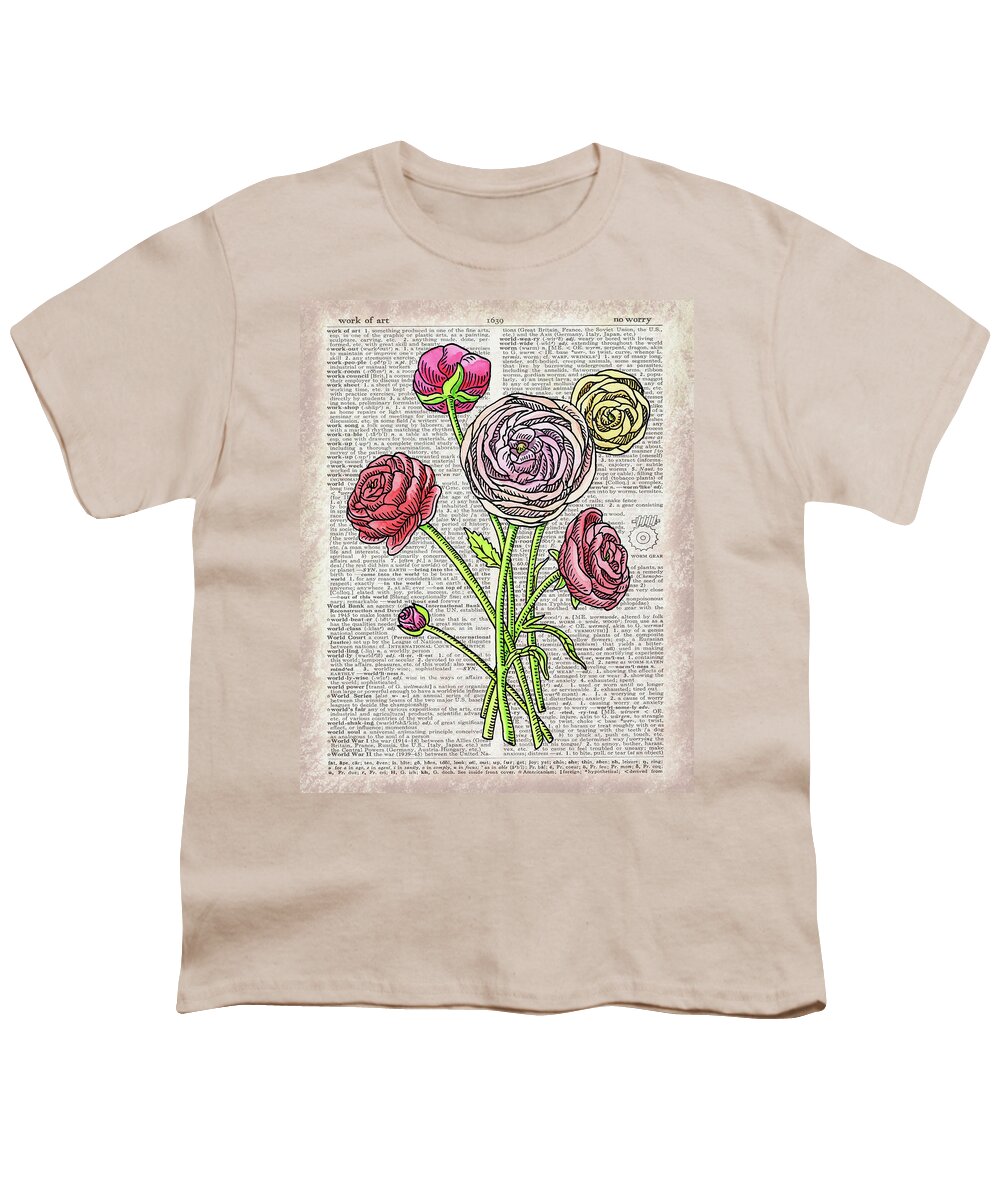 Dictionary Youth T-Shirt featuring the painting Ranunculus Dictionary Page Watercolor Art by Irina Sztukowski
