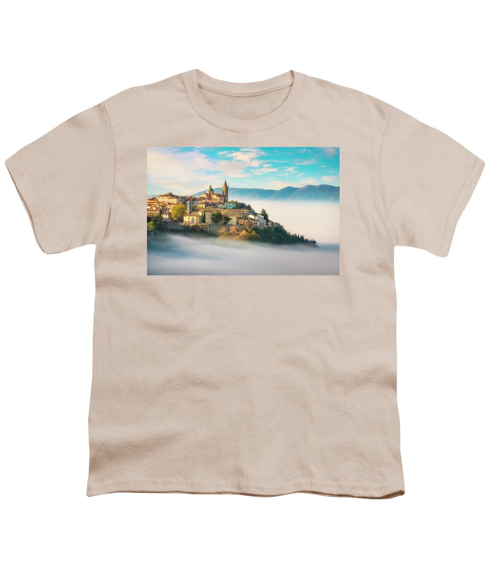Trevi Youth T-Shirt featuring the photograph Trevi picturesque village in a foggy morning. Perugia, Umbria, I by Stefano Orazzini