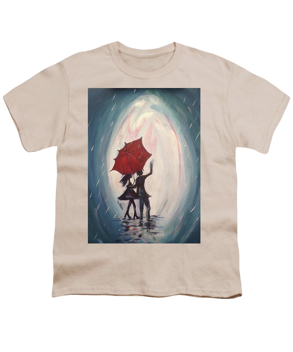 Lovers Youth T-Shirt featuring the painting Walking in the Rain by Roxy Rich