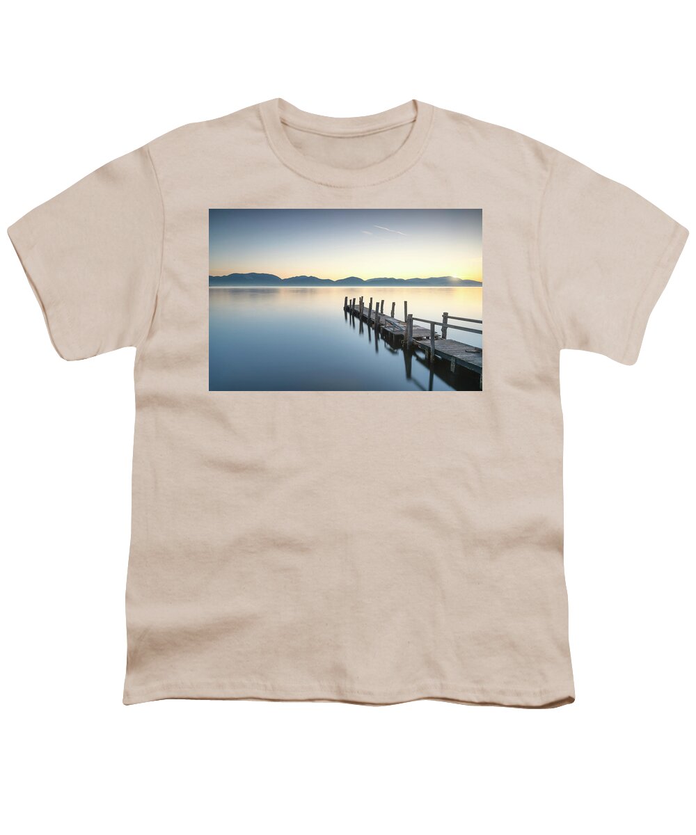 Lake Youth T-Shirt featuring the photograph Wooden pier or jetty and lake at sunrise. Torre del lago Puccini #3 by Stefano Orazzini