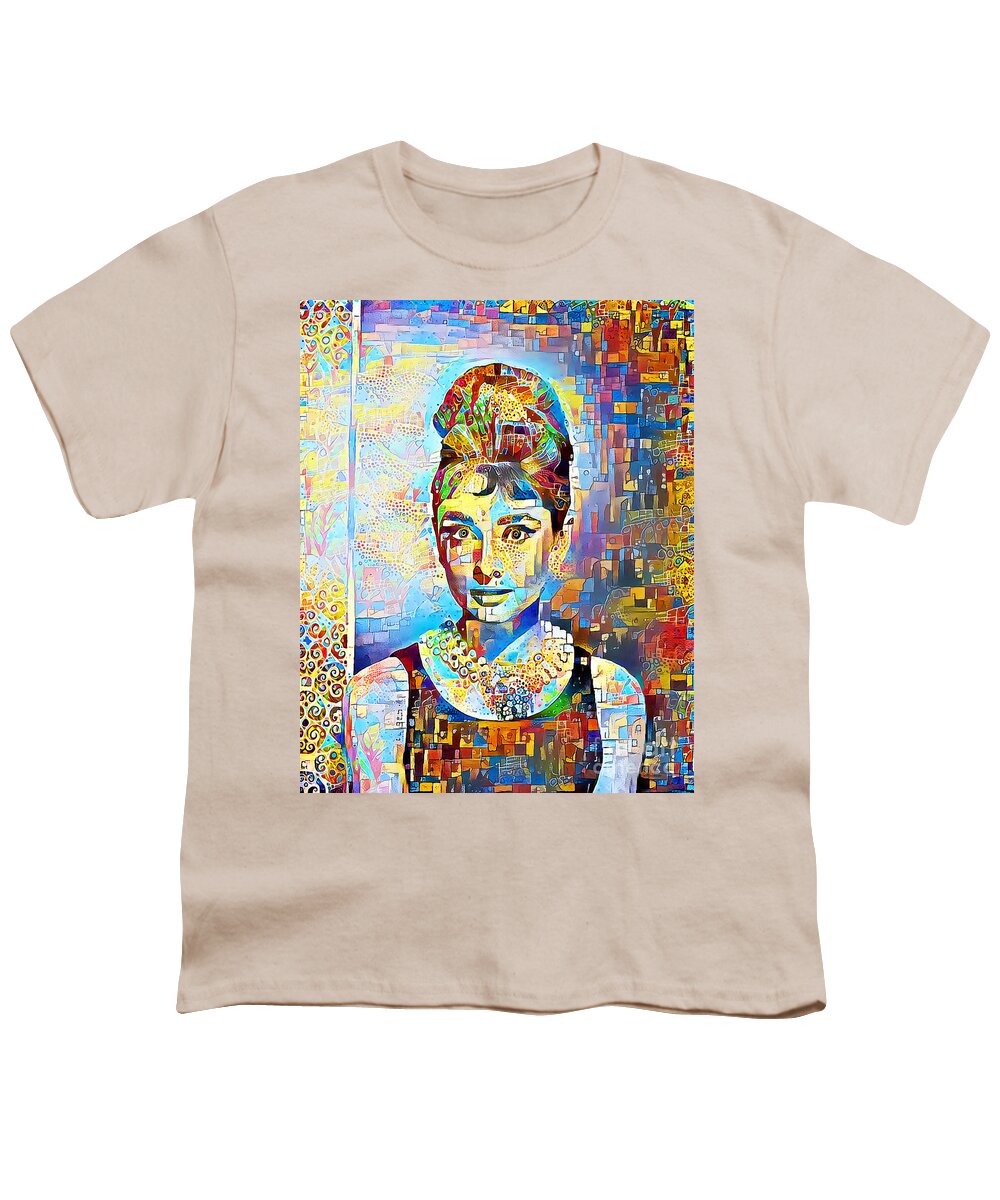 Wingsdomain Youth T-Shirt featuring the photograph Audrey Hepburn in Contemporary Vibrant Happy Color Motif 20200427 by Wingsdomain Art and Photography